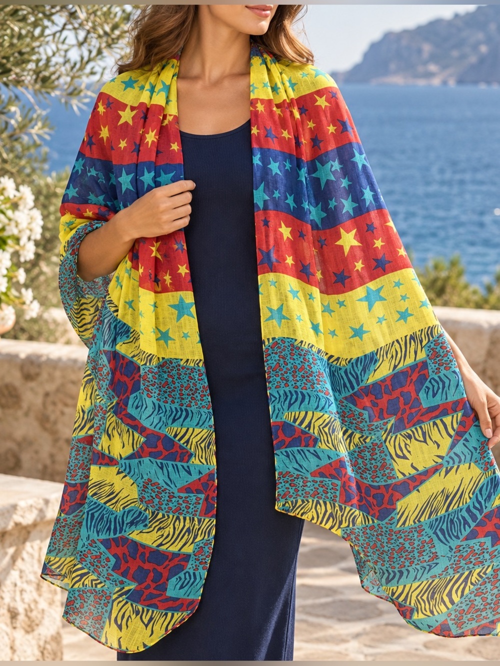 Love of Fashion Vibrant Multicolor Oversized Boho Star Animal Print Scarf Wrap